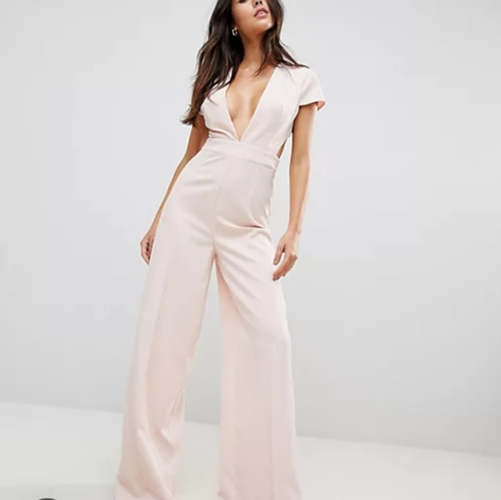 ASOS Petite Blush Pink Plunge Wide-Leg Jumpsuit